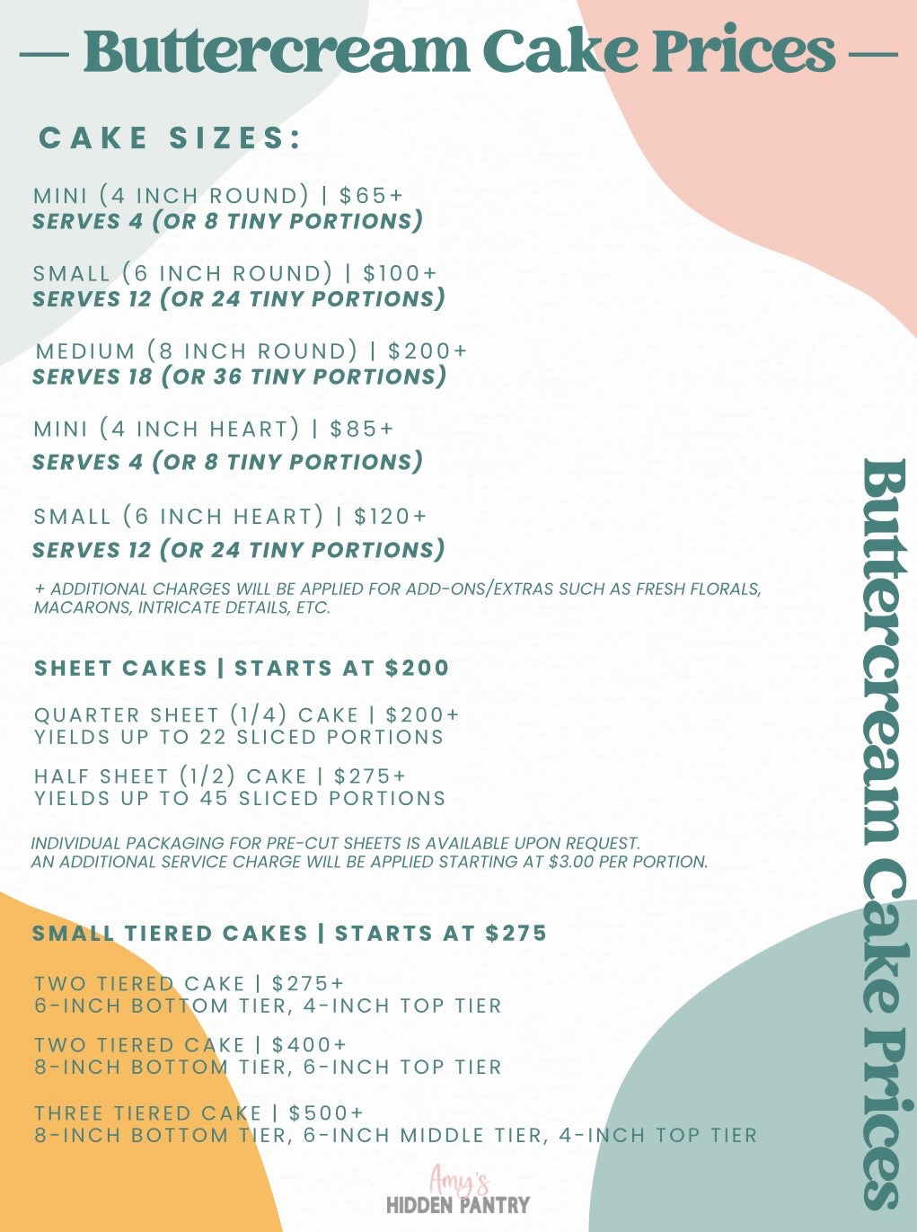 Buttercream cake pricing flyer for Amy’s Hidden Pantry showing round, heart, sheet, and tiered cake sizes with starting prices and serving details.